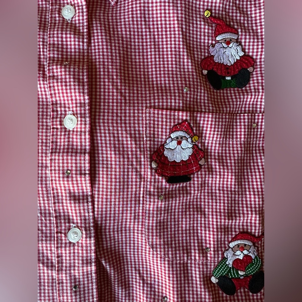 Mili Designs Red Christmas Gingham Santa Embellished Button Up Shirt Sz 1X - Picture 9 of 11